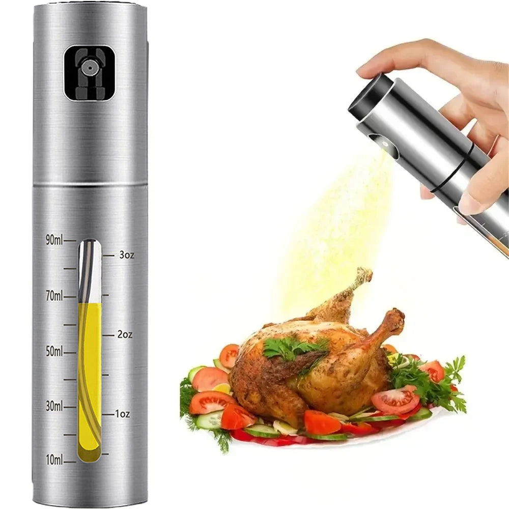 Spray bottle with a hand holding it above a roasted chicken on a plate.