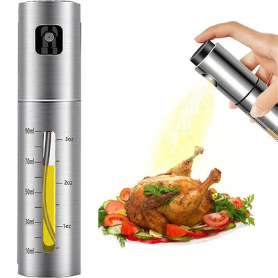 Spray bottle with a hand holding it above a roasted chicken on a plate.