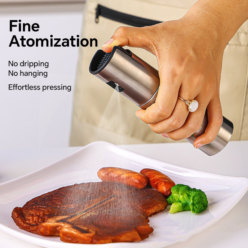 Hand using a pepper grinder over cooked meat and vegetables on a plate with text about fine atomization.